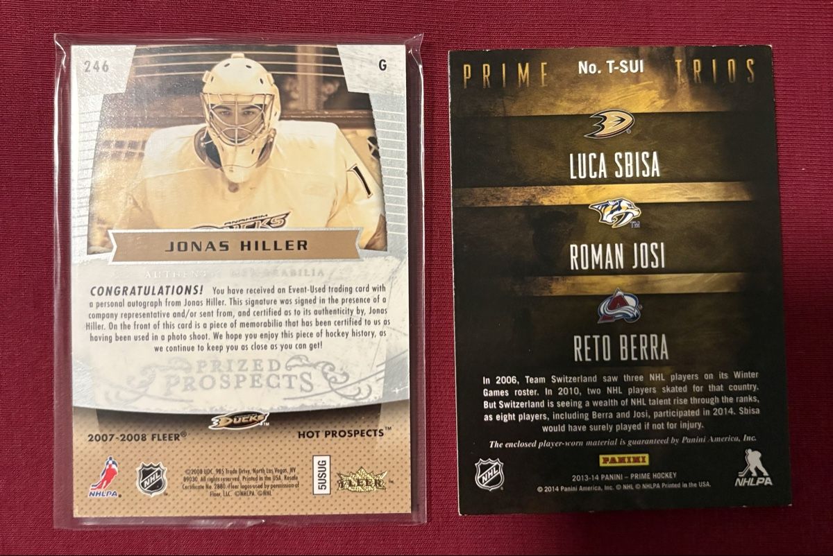 NHL Carte collezionabili: NHL Jonas Hiller Patch Auto & Prime Trios Card – Usato da niederbipp venduto da LaHabana1 1