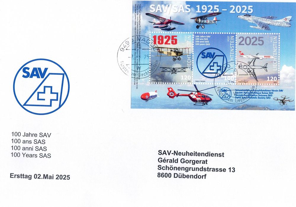 FDC Sonderblock 100J SAV/Bloc spécial 100 ans SAS 2.5. 2025 (Gebraucht ...