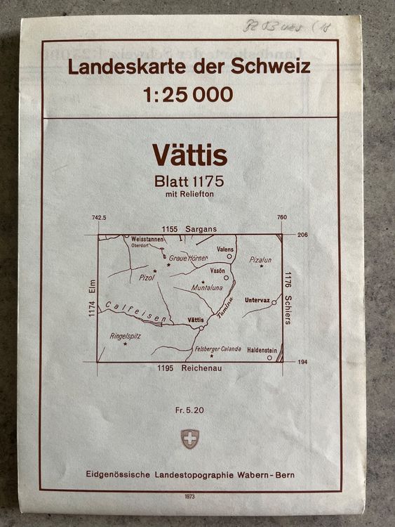 Landeskarte der Schweiz 1:25 000 Vättis Blatt 1175 von 1973  Kaufen auf Ricardo