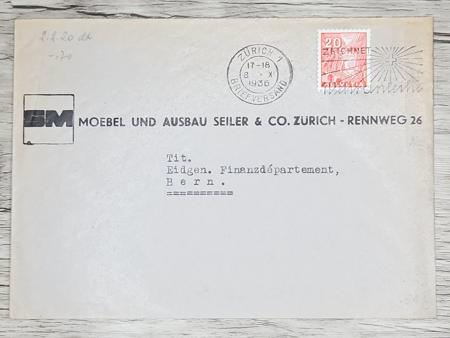 Tutti i francobolli: CL01 Enveloppe + Timbre Suisse 1936 – Usato da Cousset venduto da Patrick_Collections
