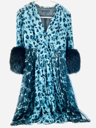 Edles BURBERRY Prorsum Seidenkleid m. Print & Fellärmeln, 38