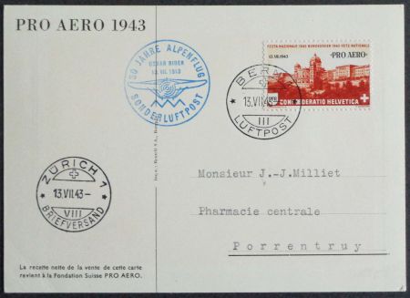 1943: Karte Pro Aero-Flug Bern–Zürich, Jubiläum Oscar Bider