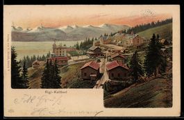 Lithographie Rigi-Kaltbad, Hotels, Bahnstation und See