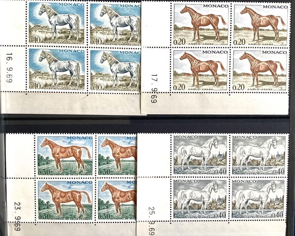 Tutti i francobolli: 1970 Monaco Pferde Viererblock Postfrisch Mi-980-986 – Nuovo (secondo la descrizione) da Liestal venduto da Skunk02 1