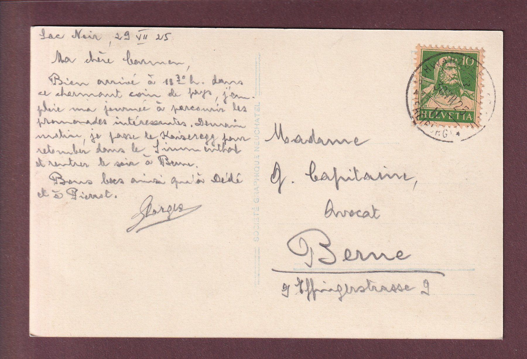 Ansichtskarten: LAC NOIR / SCHWARZSEE - Spitzfluh - 1925 – Gebraucht aus Pully von nicecards 1