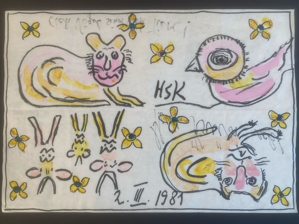 Tableaux: HANS KRÜSI CH 1981 KÜHE,KATZE,VOGEL UND HUND SERVIETTE – D'occasion à St. Gallen par Goldband