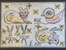 HANS KRÜSI CH 1981 KÜHE,KATZE,VOGEL UND HUND SERVIETTE