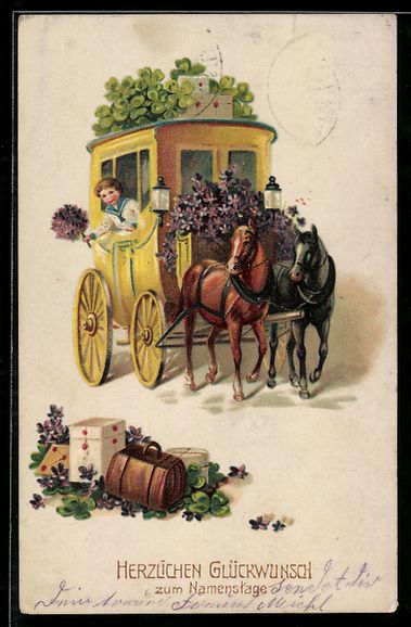 Cartoline postali: Postkutsche mit Geschenken und Kleblätt – Usato da Berlin venduto da bartko-reher