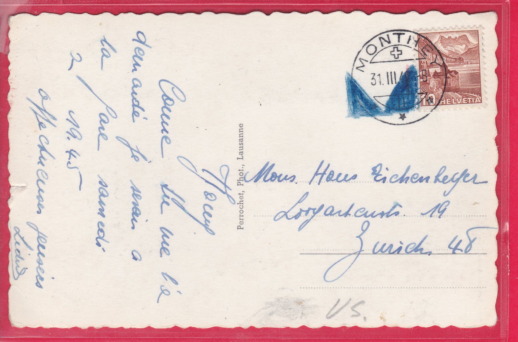 Ansichtskarten: MARTIGNY, 31.3.1945 – Gebraucht aus Oberrieden von Gebirgsstelze 1
