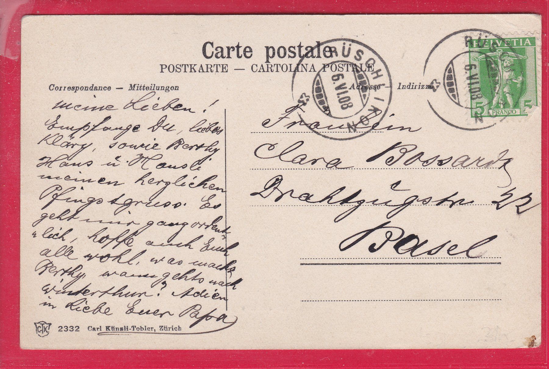 Cartoline postali: RÜSCHLIKON, 6.6.1908 – Usato da Oberrieden venduto da Gebirgsstelze 1