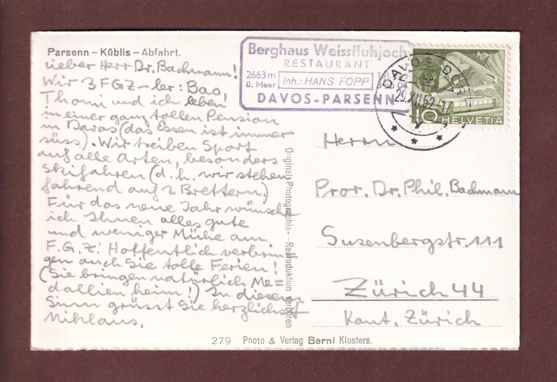 Cartoline postali: PARSENN-KÜBLIS - Abfahrt - 1952 – Usato da Pully venduto da nicecards 1