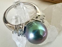 Silberring 925 grosse schillernde Echtperle Zirkonia Vintage