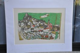 Alois Carigiet - Dorfbild von Trin - Orig. Litho von 1982