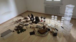 Sehr viel Terrarium Zubehör Behälter Zangen Lampen Holz usw.