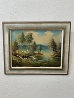 Vintage Landschaftsgemälde Seeufer und Birken im Holzrahmen