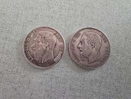 2x	5 Francs Belgique 1870 Argent Silber Silver 