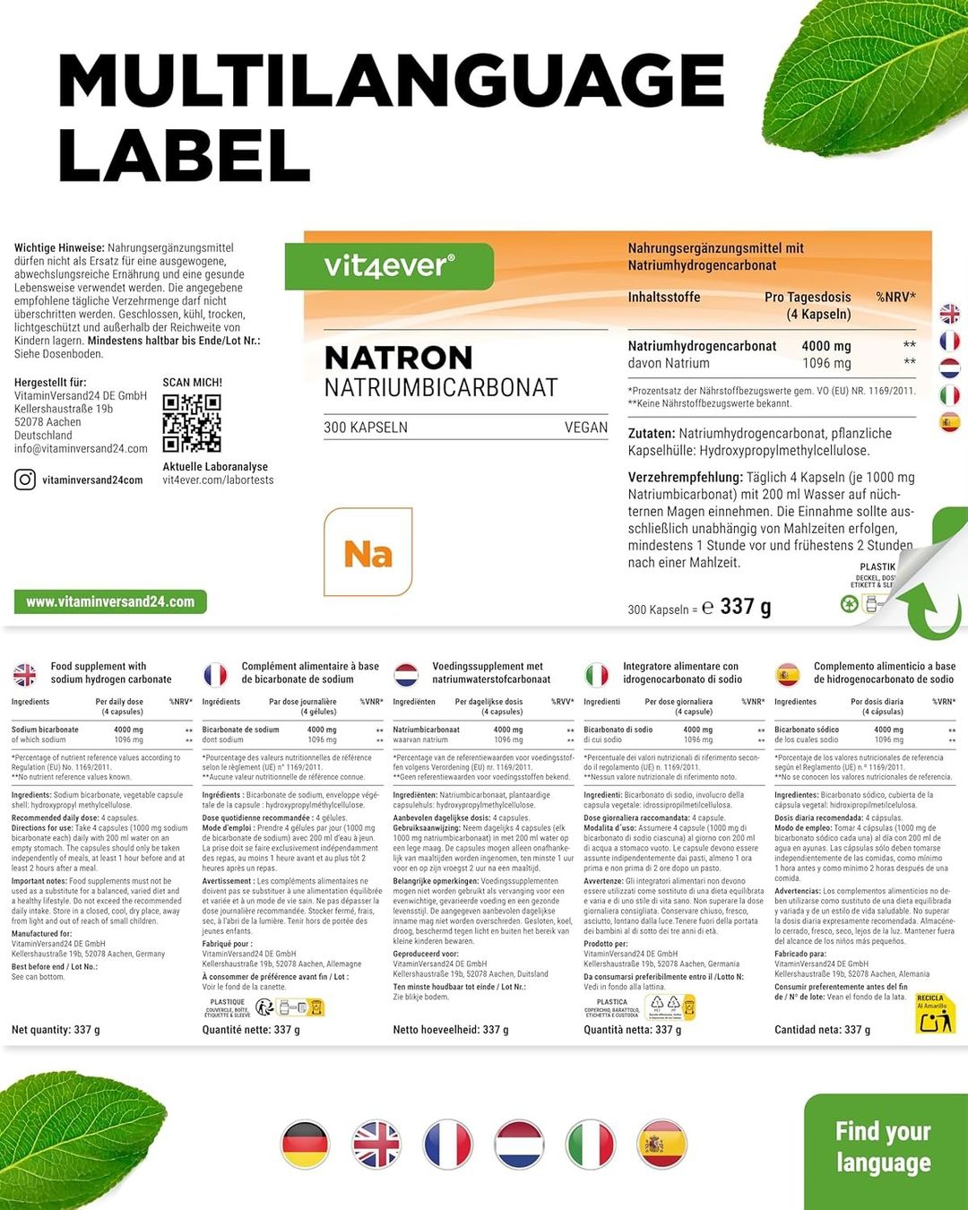 Cibi & Specialità: Vit4ever Natron Kapseln 1000 mg 300 Stk – Nuovo e nell'imballaggio originale da Suhr venduto da SchnapperCH 5