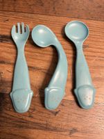 Baby Cutlery Set - Fork & Spoons - Light Blue Cat Design - 3
