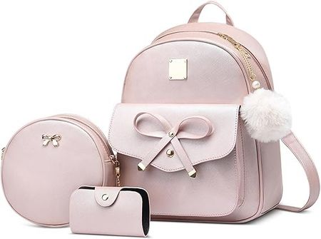 Damen Rucksack Set 3-teilig – PU Leder, Schleife, Rosa