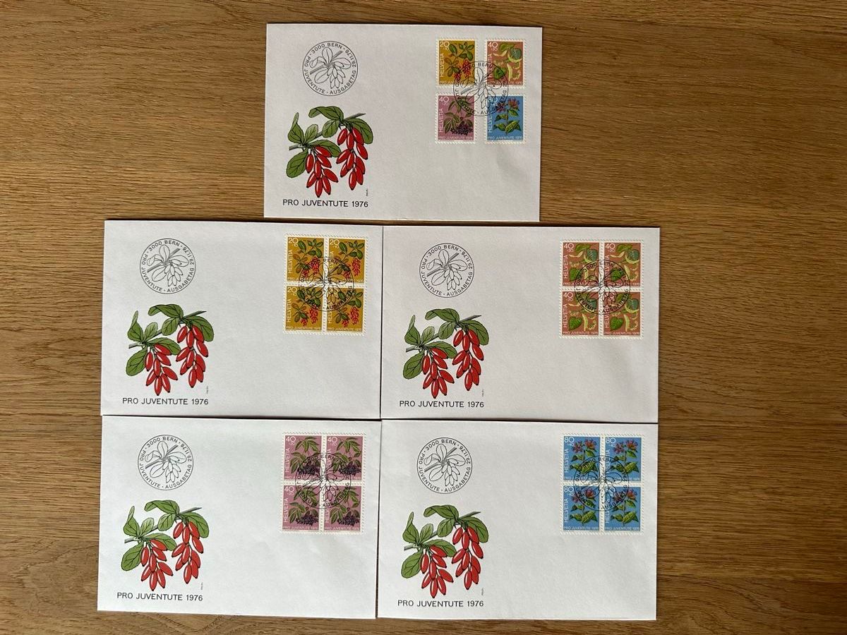 Tutti i francobolli: Schweiz - Pro Juventute 1976 FDC einzeln + 4er Block – Usato da Schmitten / FR venduto da Samsara169