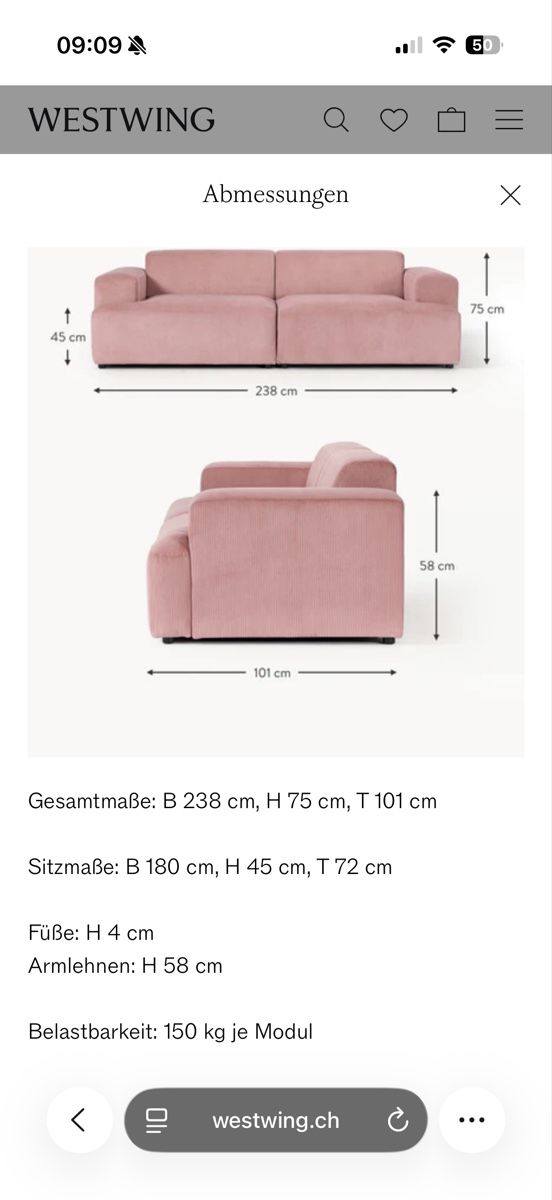 Divani: Sofa Melva Westwing in Cord altrosa 238cm – Usato da Dietikon venduto da zuerichsecondhand 3