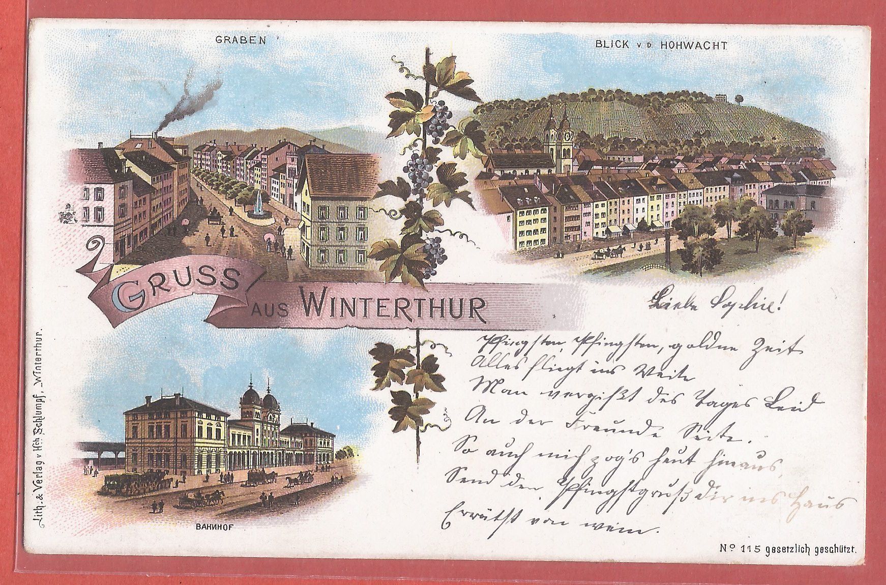 Cartoline postali: Winterthur mit Bahnhof und Graben - Litho 1900 – Usato da Fislisbach venduto da Porano