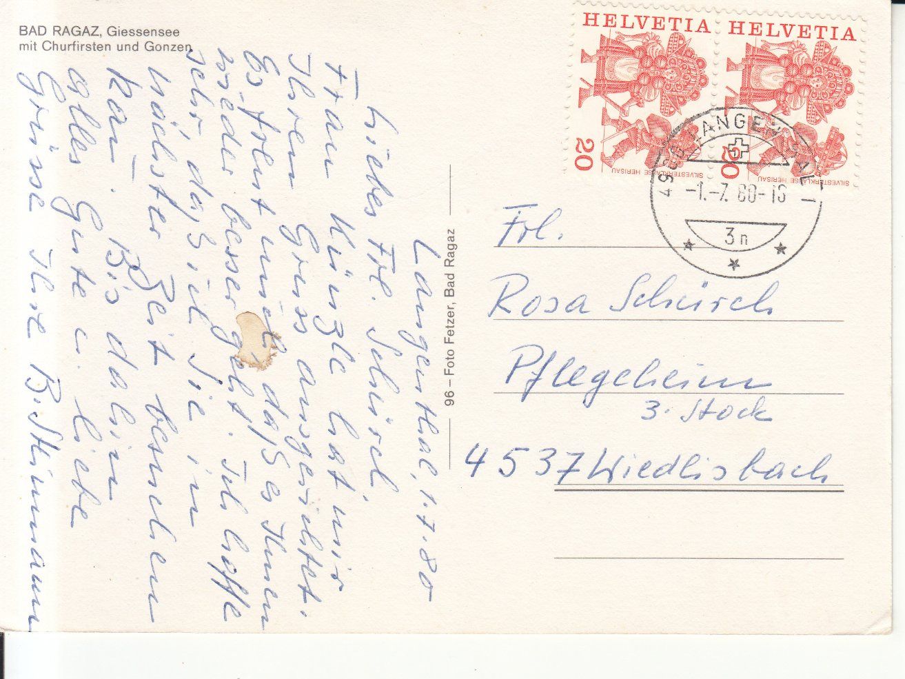 Cartoline postali: Bad Ragaz Giessensee 1980 – Usato da Bürglen TG venduto da StampGraf 1