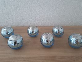 Weihnachten 6er Set Windlicht, blau-silbrig aus Glas