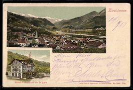 AK Zweisimmen, Panorama und Hôtel-Restaurant de la gare
