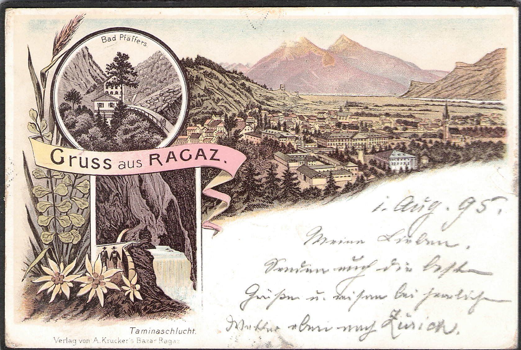 Cartoline postali: -Litho Gruss aus Ragaz , 1895 – Usato da Reichenburg venduto da Pipo-67