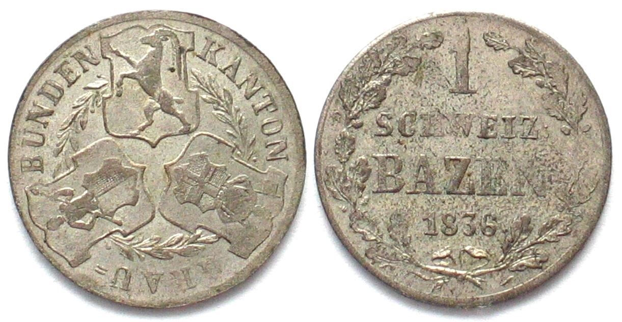 Alle Münzen: GRAUBÜNDEN 1 Batzen 1836 Billon unz! – Gebraucht aus Riehen von sesambestcoins2004