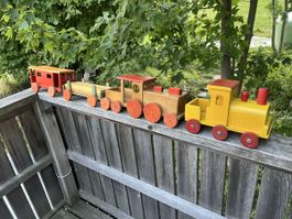 Antike Holz Eisenbahn Dampflok Zug 4-teilig