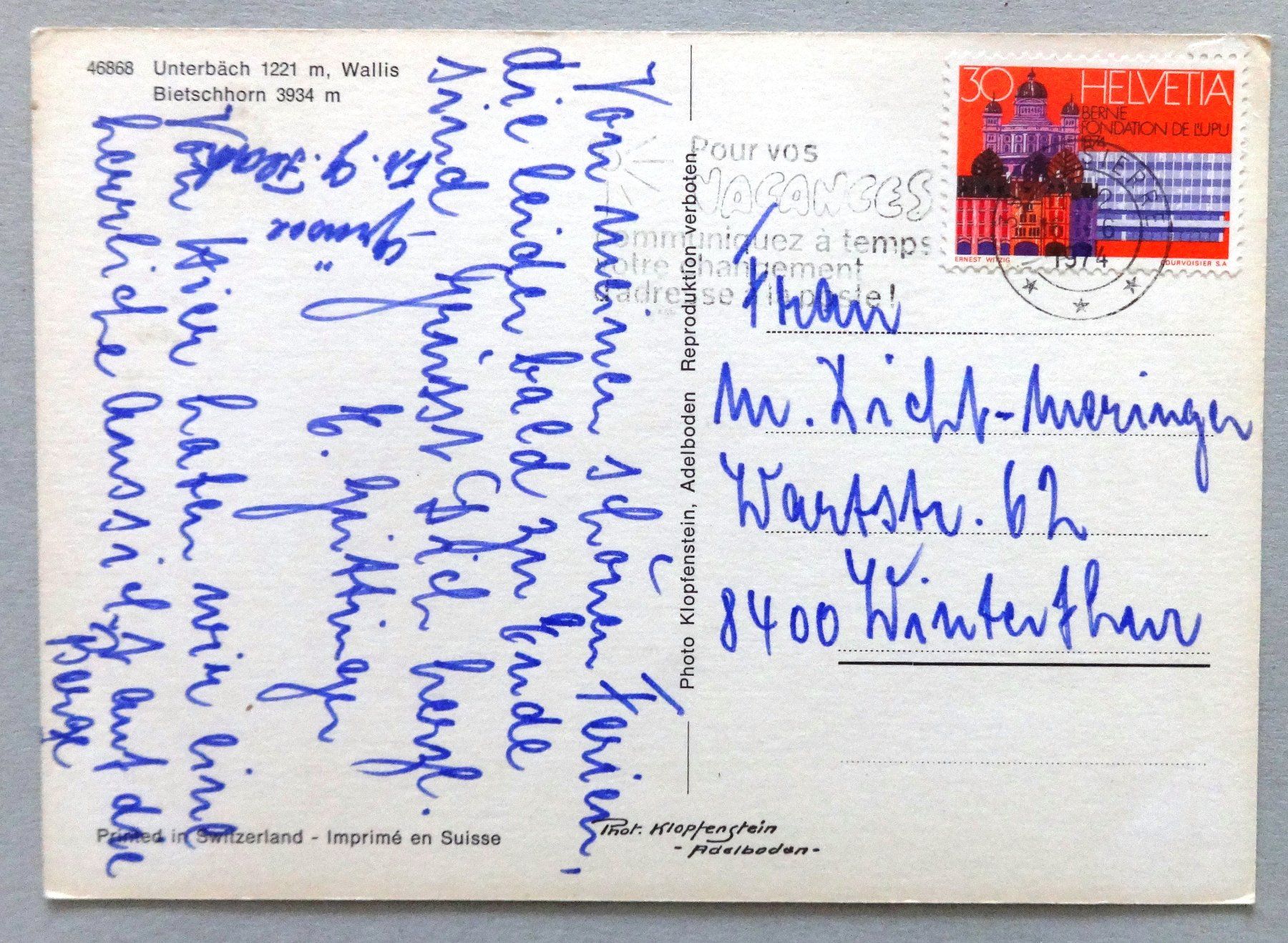 Cartoline postali: Unterbäch 1221 m – Usato da Fétigny venduto da Billy2miny 1