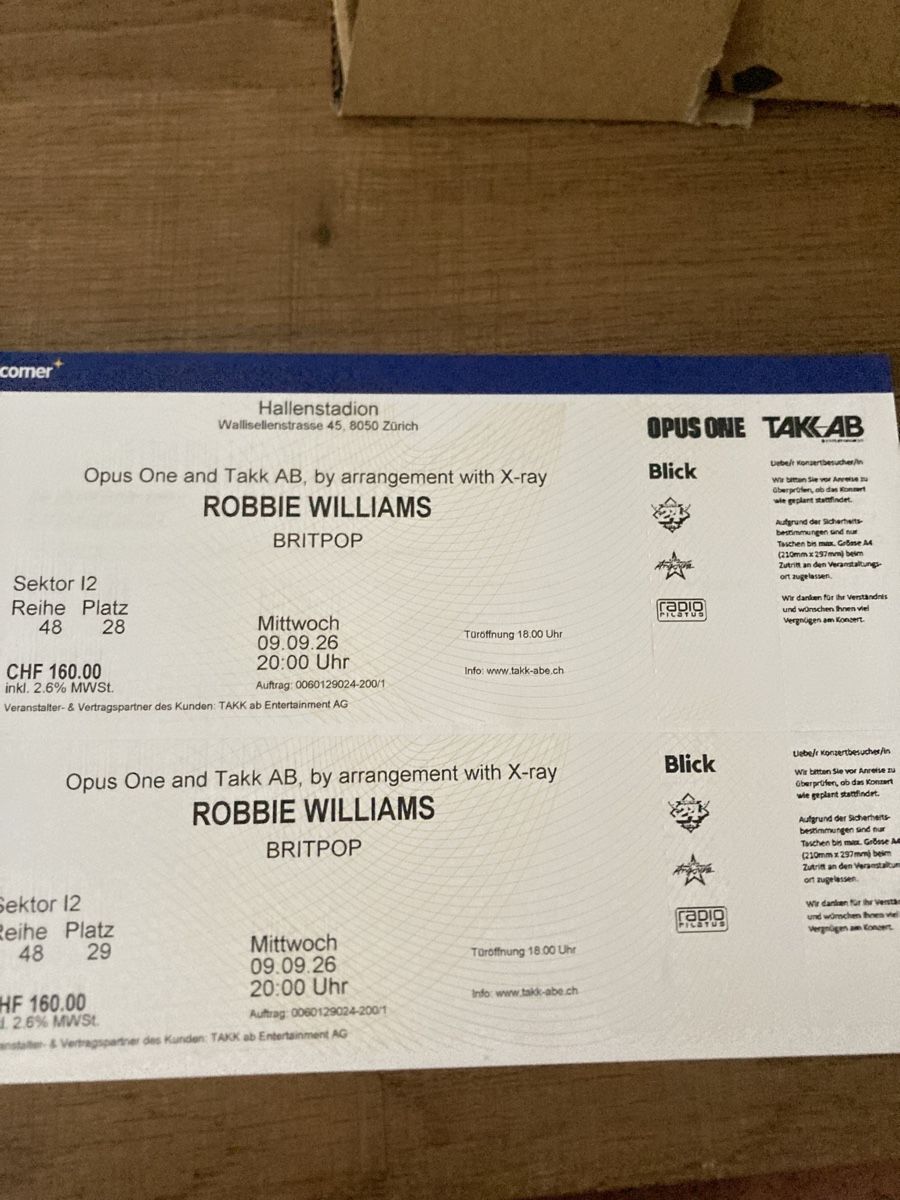 Billets: 2X Sitzplatz Robbie Williams, Hallenstadion – Neuf avec emballage d'origine à Olten par juliansaibene