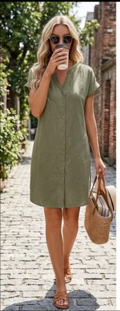 Button-Down Shirt Dress Olive Green Short Sleeve New
