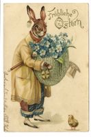 Fröhliche Ostern - Hase bringt Blumenkorb - Präge-Litho 1902