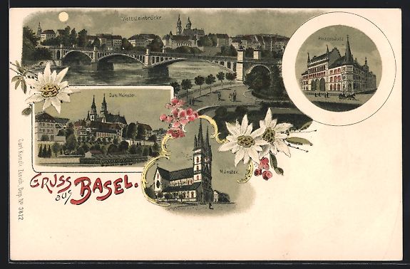 Cartes postales: Litho Basel, Wettsteinbrücke, Postgeb – D'occasion à Berlin par bartko-reher
