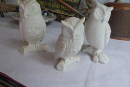 3 kleine Keramik Eulen 12/12/10cm weiss