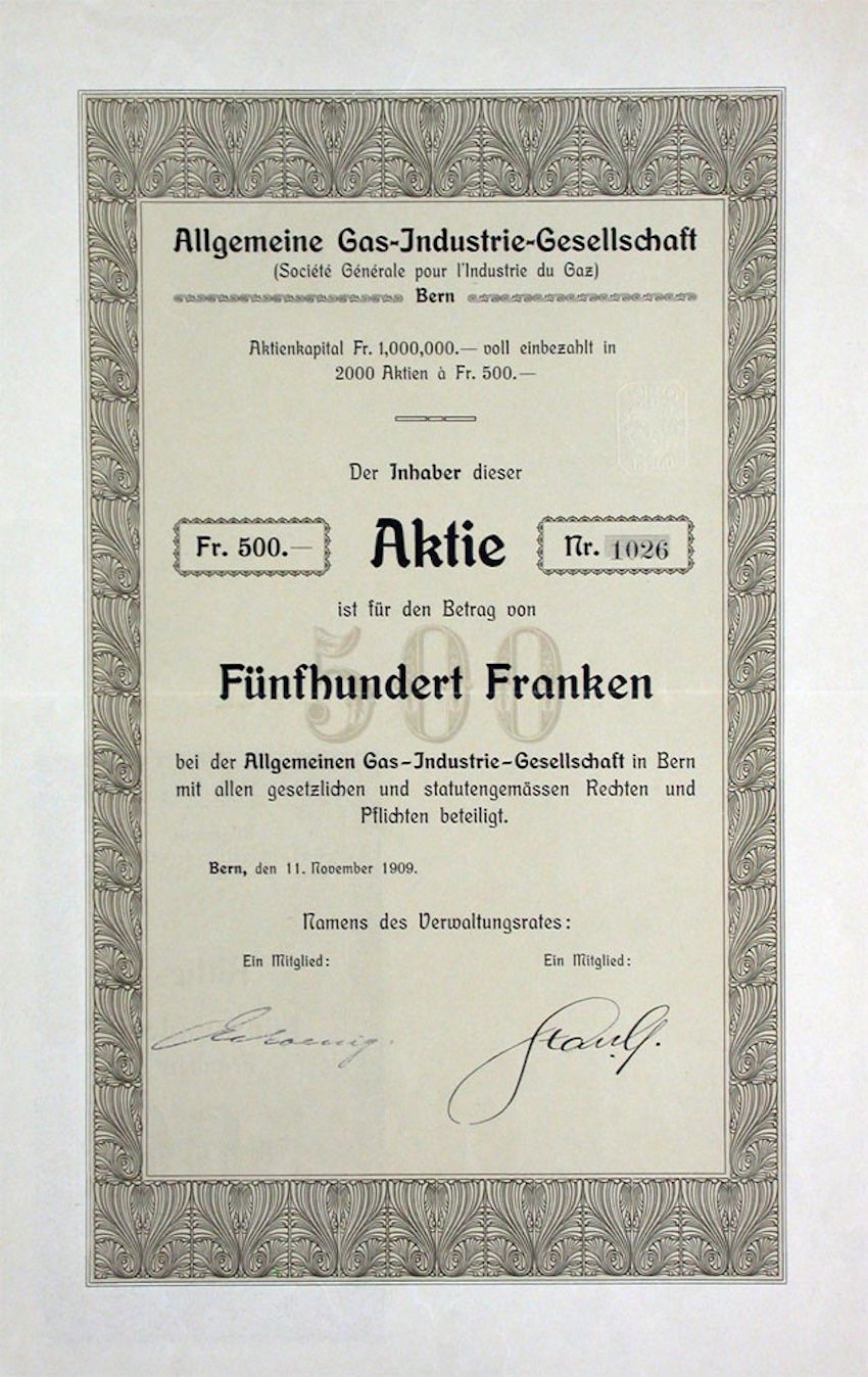 Documenti: Allgemeine Gas-Jndustrie-Gesellschaft, Bern - 1909 – Usato da Solothurn venduto da Sgasche