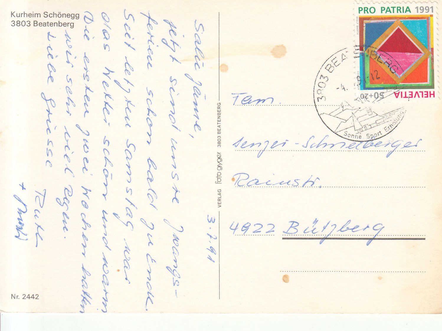 Ansichtskarten: Beatenberg Schönegg 1991 – Gebraucht aus Bürglen TG von StampGraf 1
