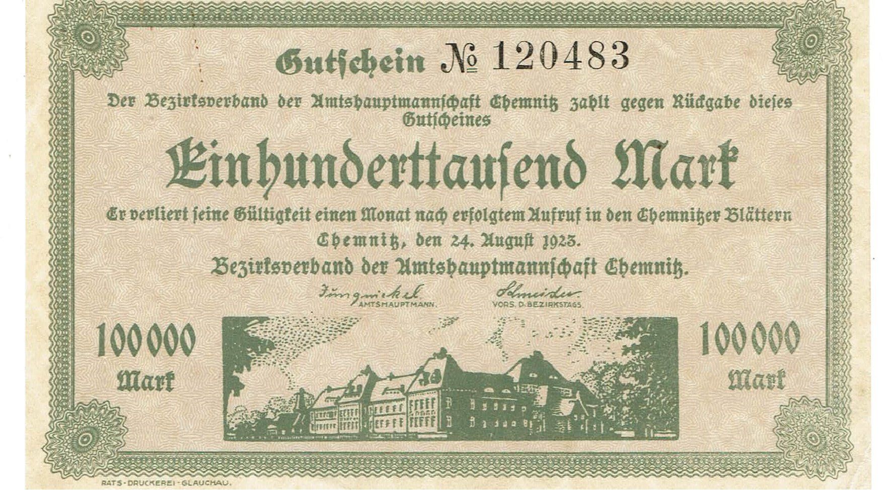 Banconote: Chemnitz 100000 Mark 24.08.1923 VZ++-UNZ – Usato da Steffisburg venduto da ber_8htf