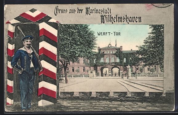 Cartoline postali: Grusskarten-AK Wilhelmshaven, Werft-Tor, – Usato da Berlin venduto da bartko-reher