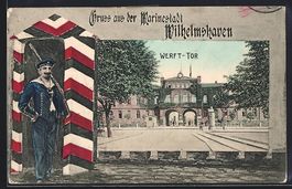 Grusskarten-AK Wilhelmshaven, Werft-Tor,