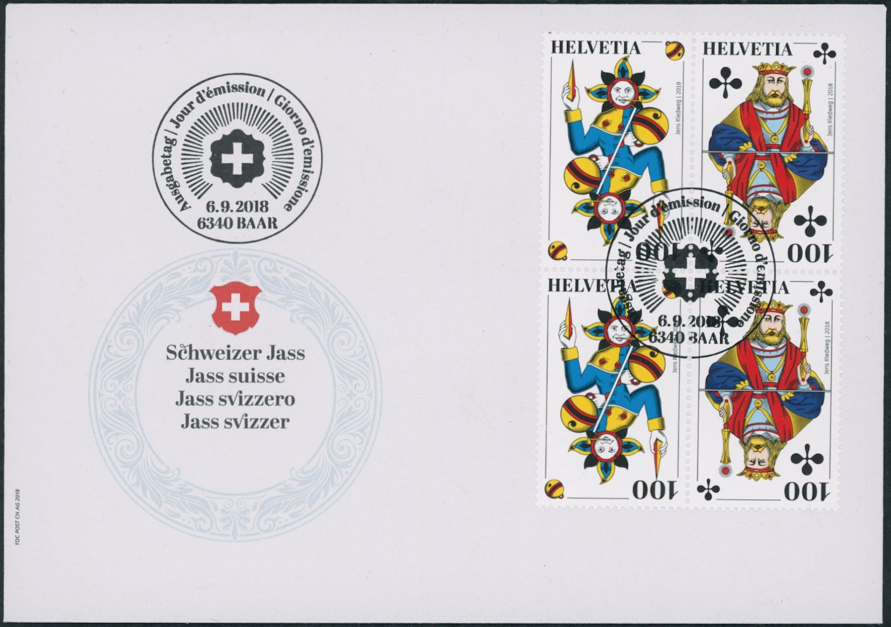 Tutti i francobolli: 2018 - Schweizer Jass - Viererblock - Zusammenhängende - FDC – Usato da Schindellegi venduto da leecollect 1