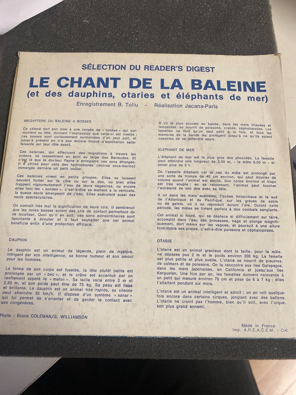 Schallplatten: 45 TOURS - LE CHANT DE LA BALEINE – Gebraucht aus Le Brassus von cinema13 1