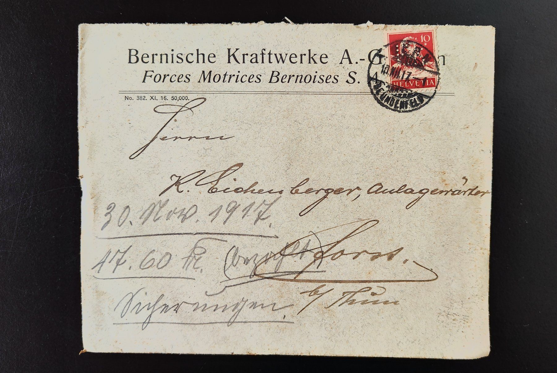 Couverts & Versandtaschen: Couvert Bernische Kraftwerke 1917 – Gebraucht aus Lenzburg von Dani_Lenzburg
