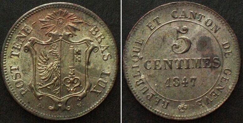 Tutti le monete: GENEVE 5 Centimes 1847 billon qFDC! – Usato da Riehen venduto da sesambestcoins2004