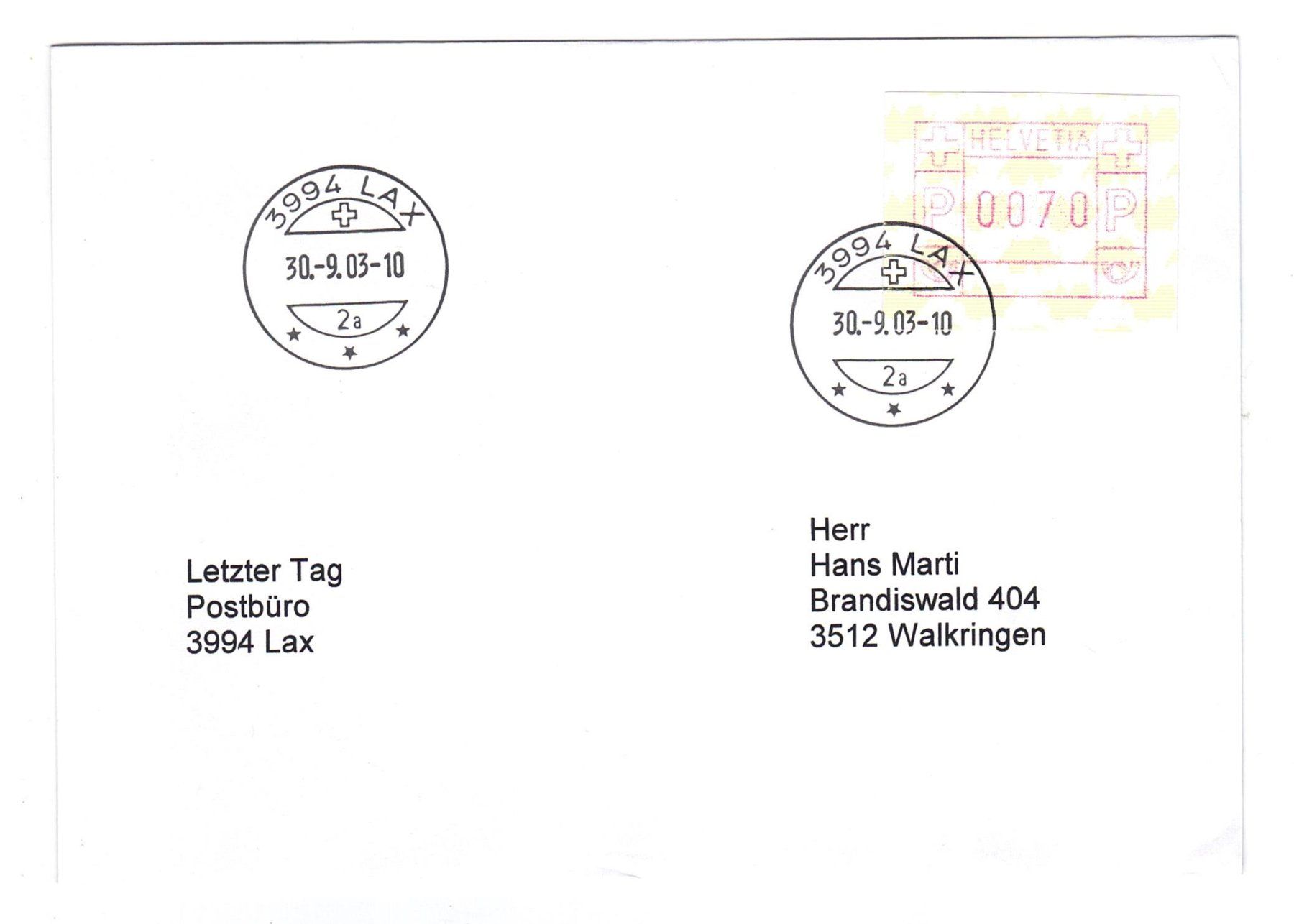 Tous les timbres: Letztagsbrief:  Poststelle 3994 LAX – D'occasion à Büetigen par philat