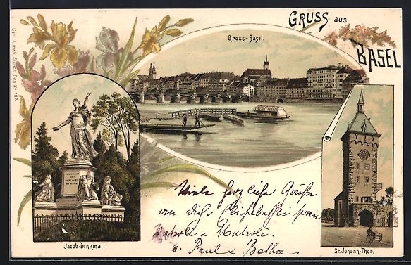 Cartoline postali: Litho Basel, Jacob-Denkmal, St. Johann T – Usato da Berlin venduto da bartko-reher