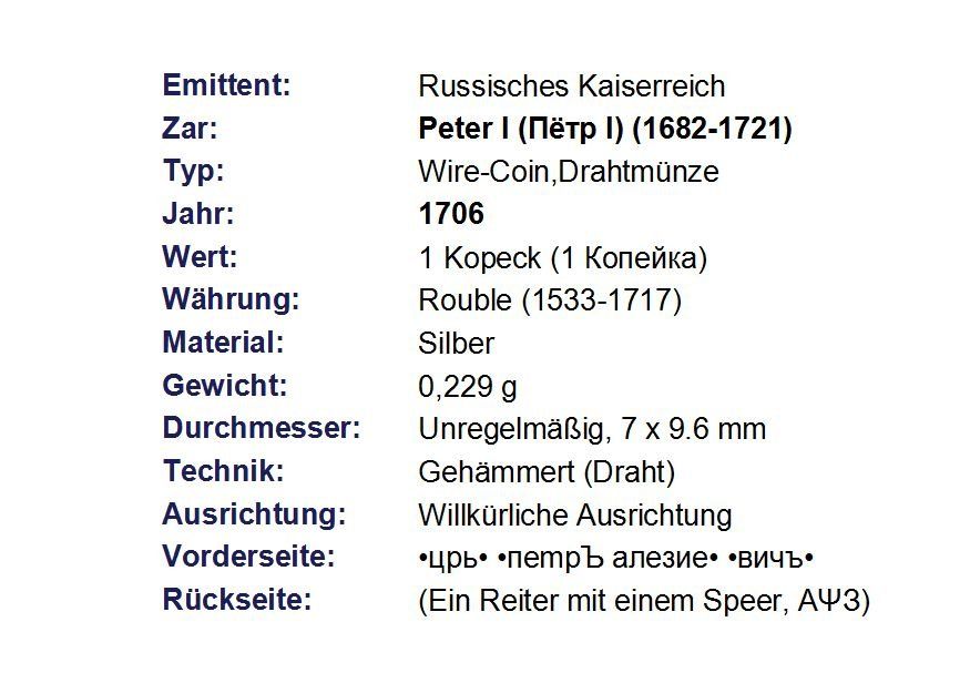 Tutti le monete: Peter I der Grosse, 1706 – Usato da Flamatt venduto da samowarow 1